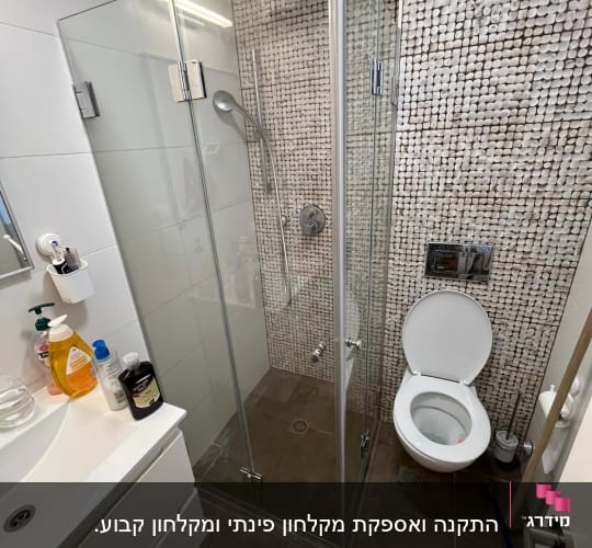 מקלחון זכוכית עם ראש מקלחת וכיור לידו
